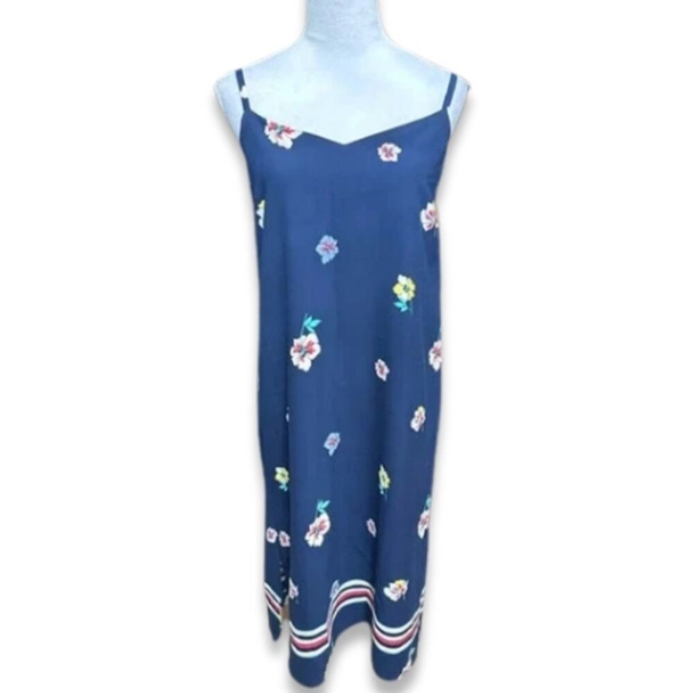 Tommy Hilfiger Size M Tropical Floral Print Midi Dress Island Style Navy Blue